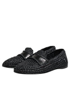 Black Woven Leather Slip On Loafers Men Shoes