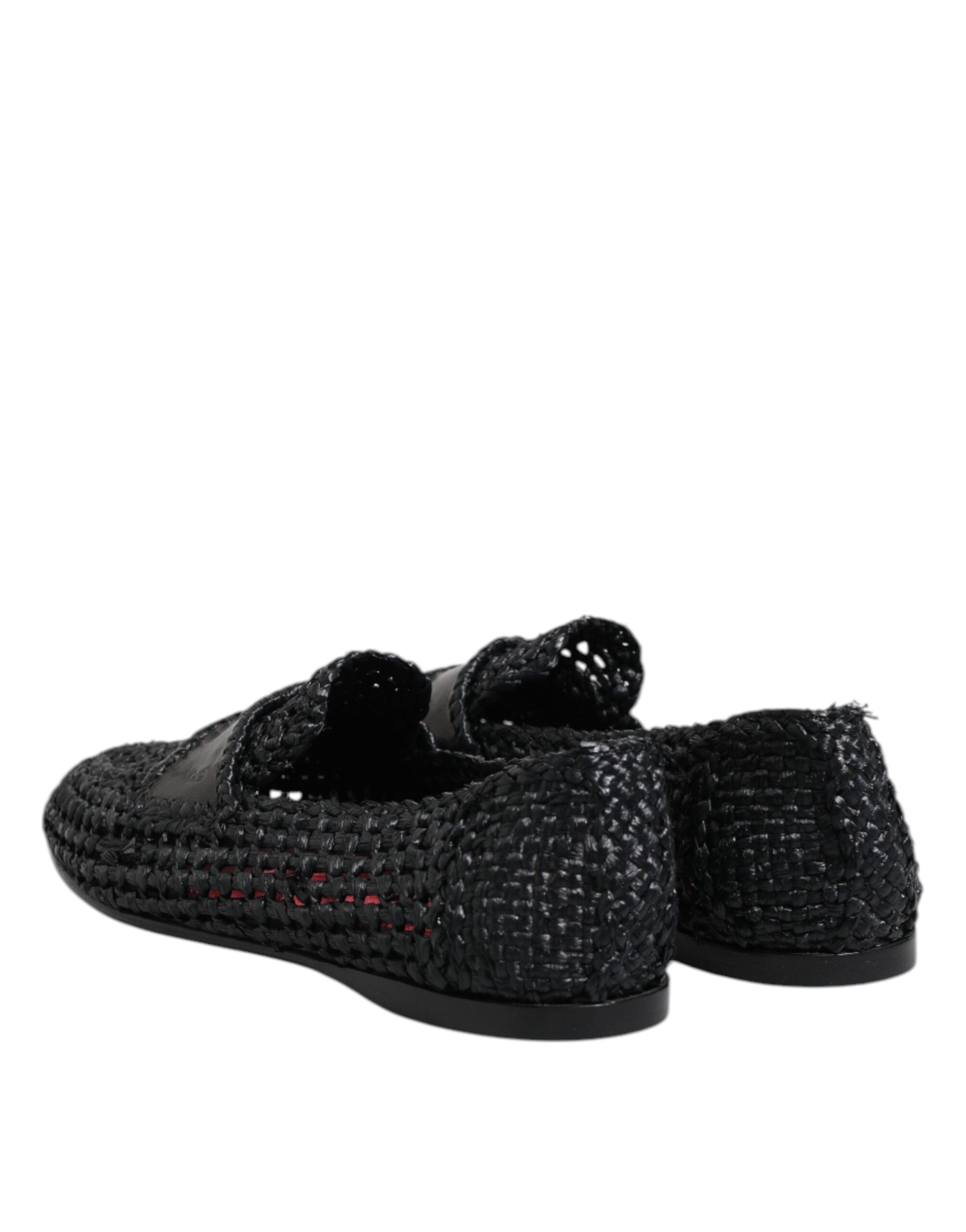 Black Woven Leather Slip On Loafers Men Shoes