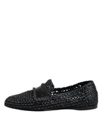 Black Woven Leather Slip On Loafers Men Shoes