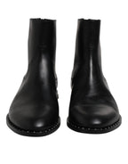 Black Leather Logo Ankle Boots Studded Shoes