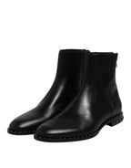 Black Leather Logo Ankle Boots Studded Shoes