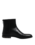Black Leather Logo Ankle Boots Studded Shoes