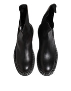 Black Leather Mid Calf Boots Flats Shoes