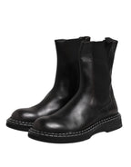 Black Leather Mid Calf Boots Flats Shoes