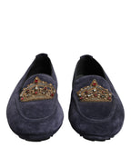 Blue Suede Crown Crystal Loafers Dress Shoes
