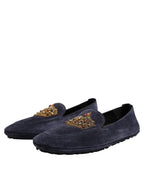 Blue Suede Crown Crystal Loafers Dress Shoes