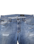 Blue Washed Tattered Logo Plaque Denim Jeans