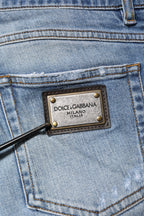 Blue Washed Tattered Logo Plaque Denim Jeans