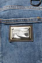 Blue Cotton Tattered Skinny Logo Denim Jeans