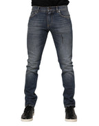 Blue Washed Skinny Logo Plaque Men Denim Jeans