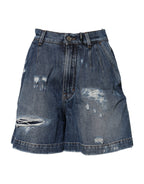 Blue Cotton Tattered Denim Bermuda Shorts