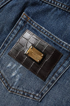 Blue Cotton Tattered Denim Bermuda Shorts