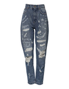 Blue Tattered High Waist Women Denim Jeans