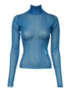 Blue See Through Turtleneck Long Sleeves Top