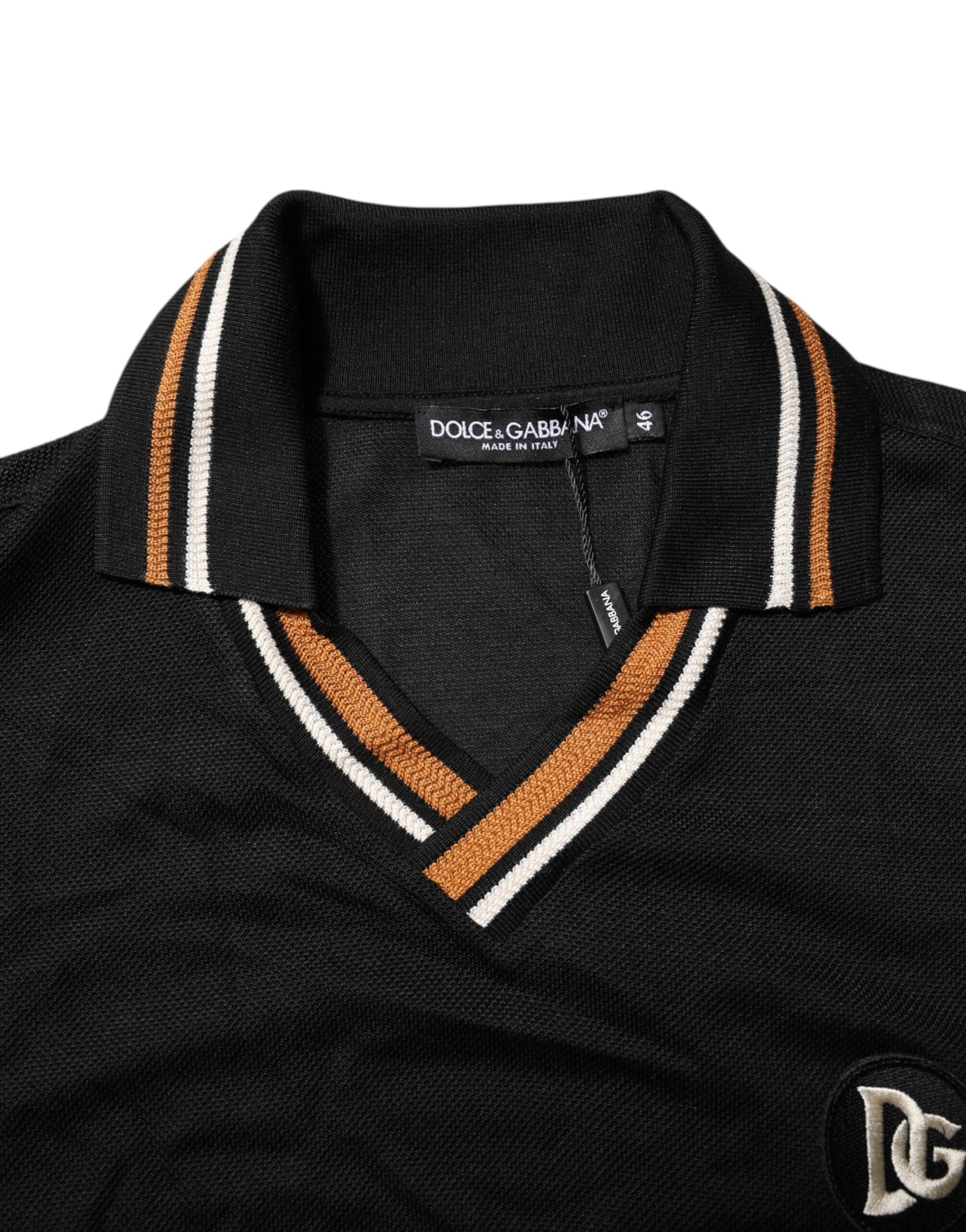 Black DG Silk V-neck Collared Men Polo T-shirt