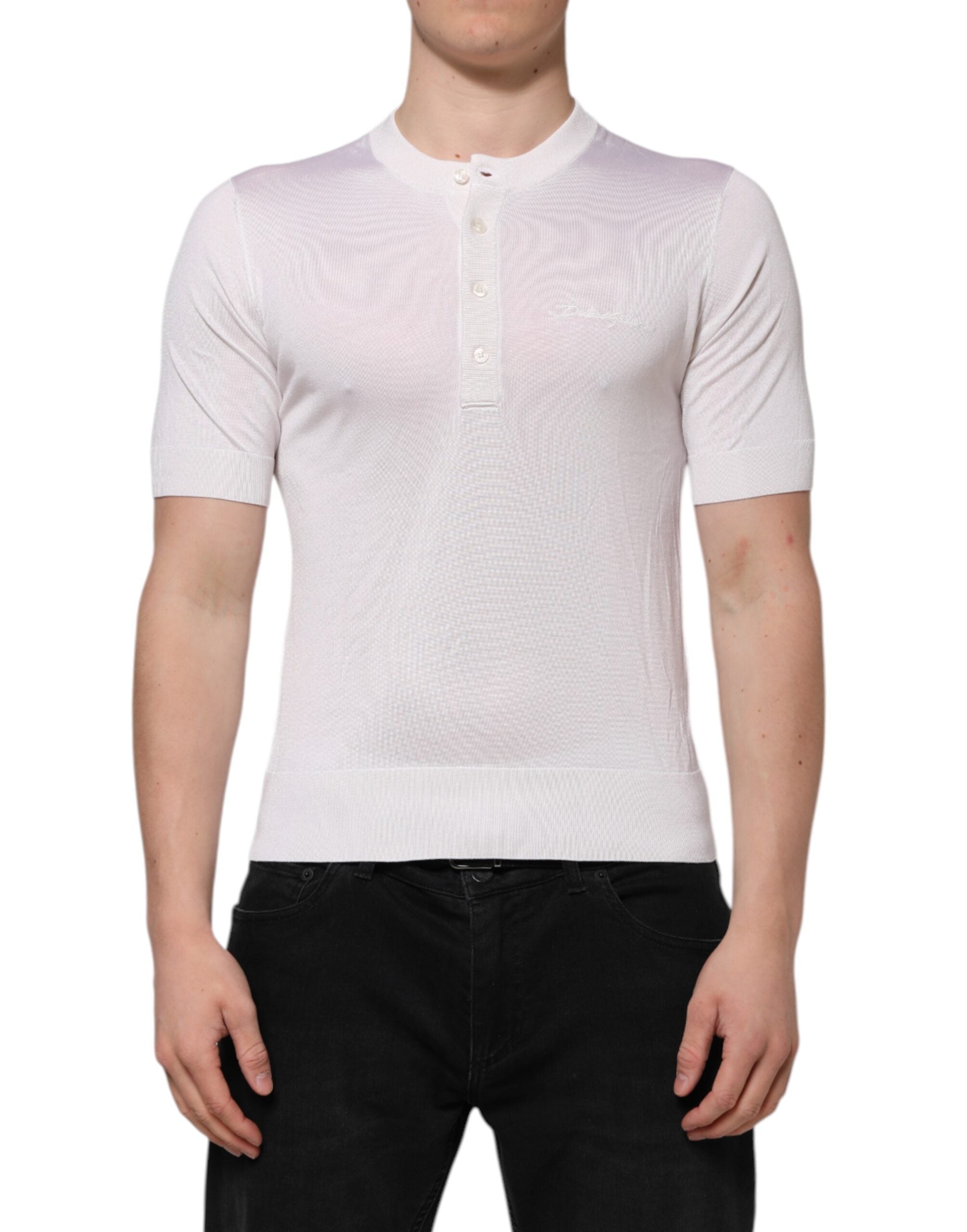 White Silk Short Sleeves Men Henley T-shirt