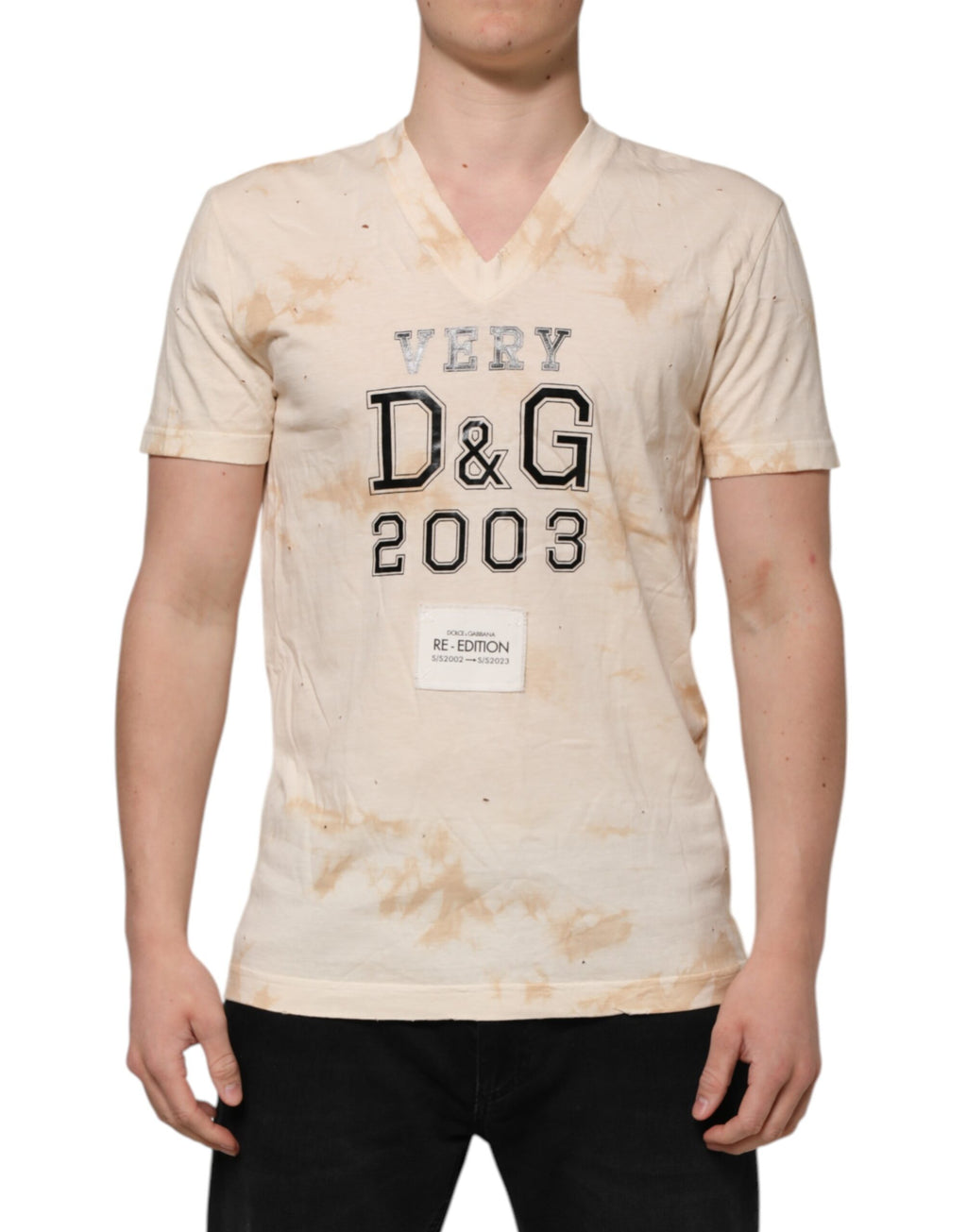 Beige Logo Print Short Sleeve V-neck T-shirt