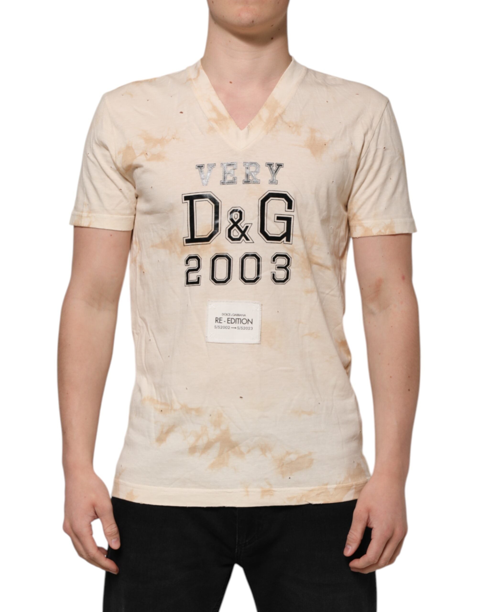 Beige Logo Print Short Sleeve V-neck T-shirt