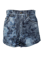 Blue Floral Print Denim Cotton Hot Pants Shorts