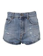 Blue Logo Plaque Denim Cotton Hot Pants Shorts