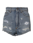 Blue Tattered Denim Cotton Hot Pants Shorts