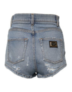 Blue Tattered Denim Cotton Hot Pants Shorts