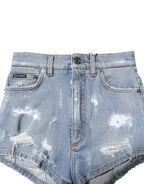 Blue Tattered Denim Cotton Hot Pants Shorts