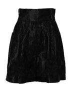 Black Floral Embroidery Silk High Waist Shorts