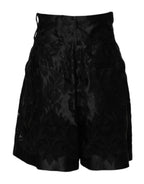 Black Floral Embroidery Silk High Waist Shorts
