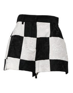 Black White Floral Brocade Hot Pants Shorts