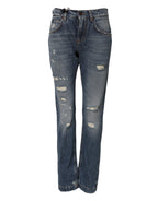 Blue Cotton Tattered Mid Waist Denim Jeans