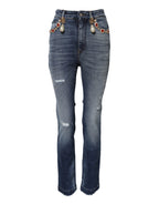Blue Rhinestone Embellished Denim Jeans