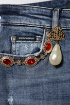 Blue Rhinestone Embellished Denim Jeans