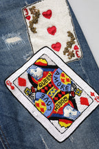Blue Play Card Embroidery Skinny Denim Jeans