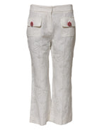 White Cotton Floral Jacquard Pants