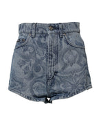 Blue Floral Print Denim Cotton Hot Pants Shorts