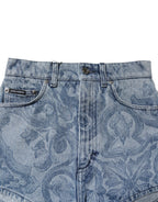 Blue Floral Print Denim Cotton Hot Pants Shorts