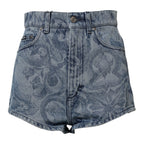 Blue Floral Print Denim Cotton Hot Pants Shorts