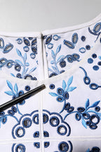 Blue Lace Eyelet Crew Neck Blouse Top