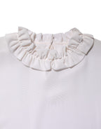 White Ruffled Neckline Blouse Pullover Top