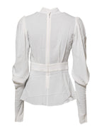 White Viscose Ascot Collar Long Sleeves Top