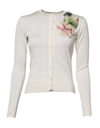 White Silk Lily Buttoned Cardigan Sweater