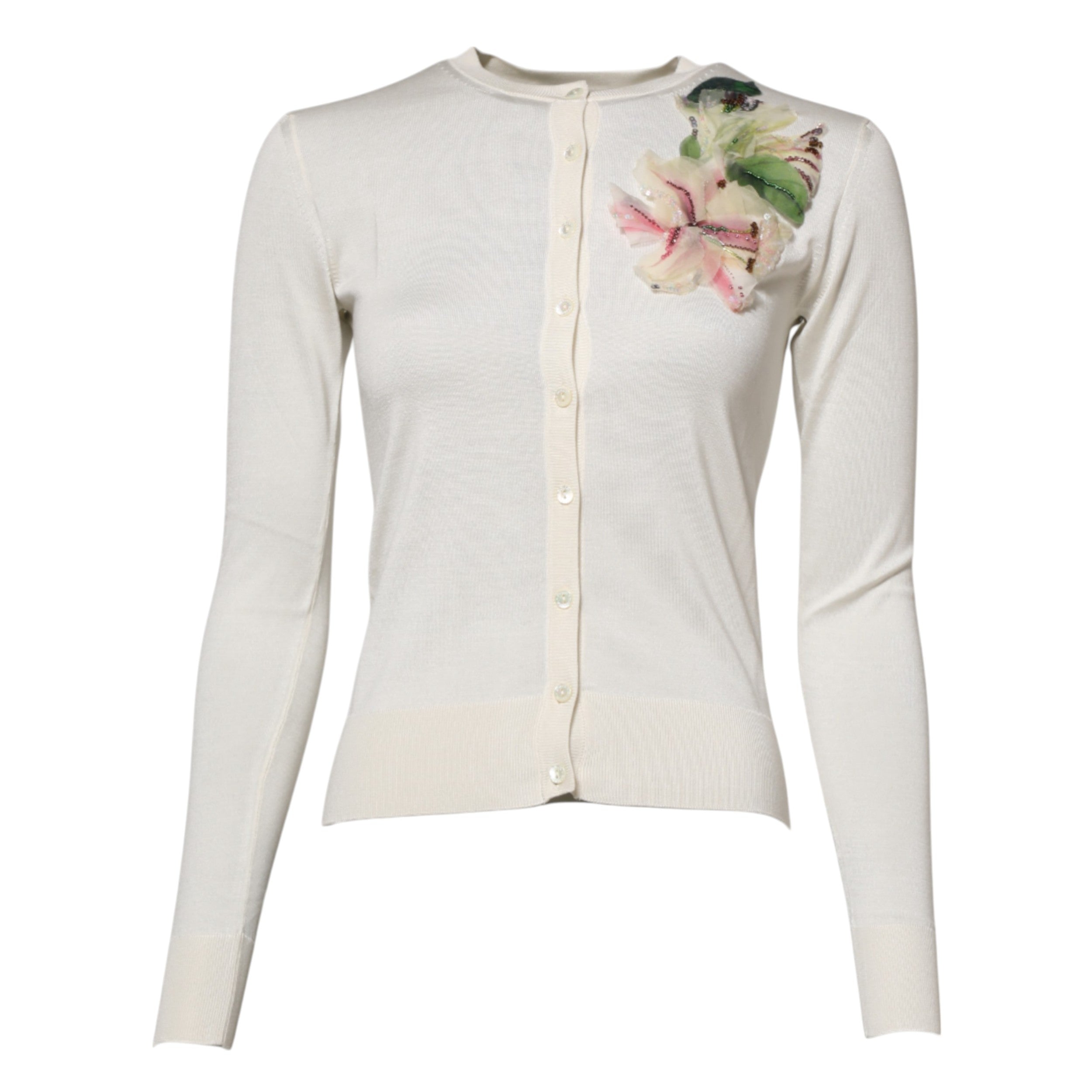 White Silk Lily Buttoned Cardigan Sweater
