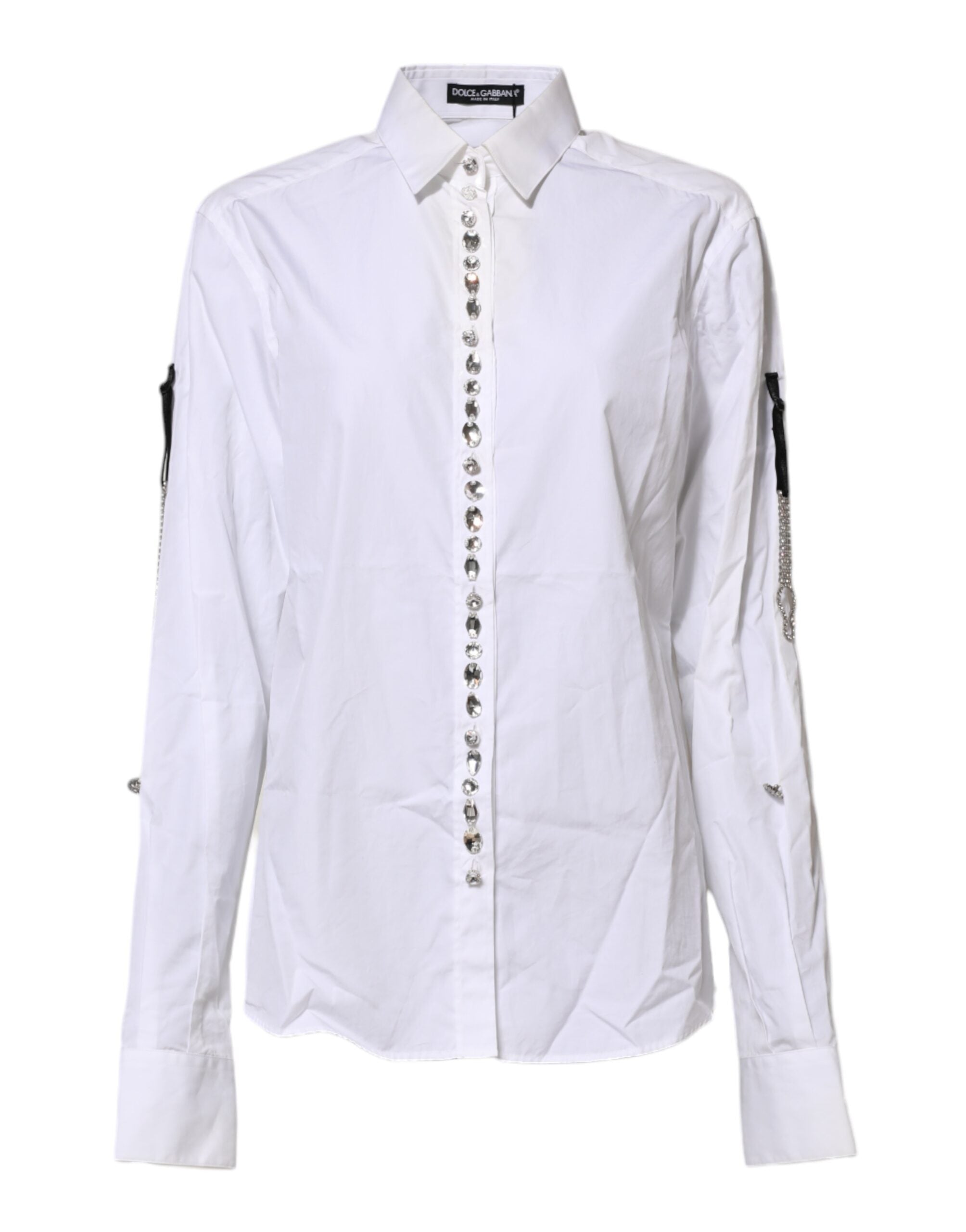 White Crystal Embellished Collared Shirt Top