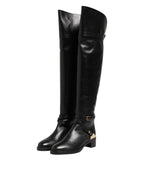 Black Leather Buckled High Boots Shoes