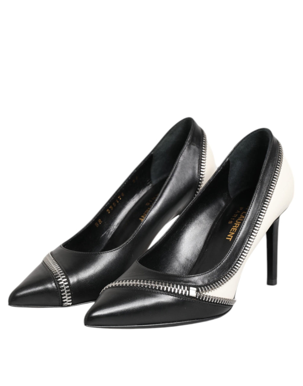 White Black Leather Pointed Toe Heels Shoes