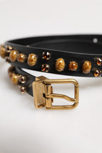 Black Leather Studded Gold Tone Buckle Belt