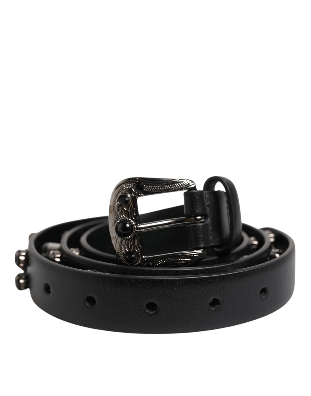 Black Studded Leather Metal Logo Buckle Belt