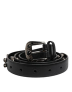 Black Studded Leather Metal Logo Buckle Belt