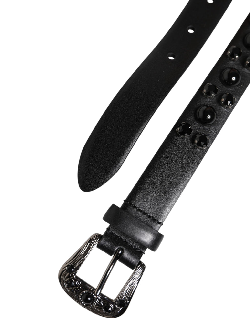 Black Studded Leather Metal Logo Buckle Belt